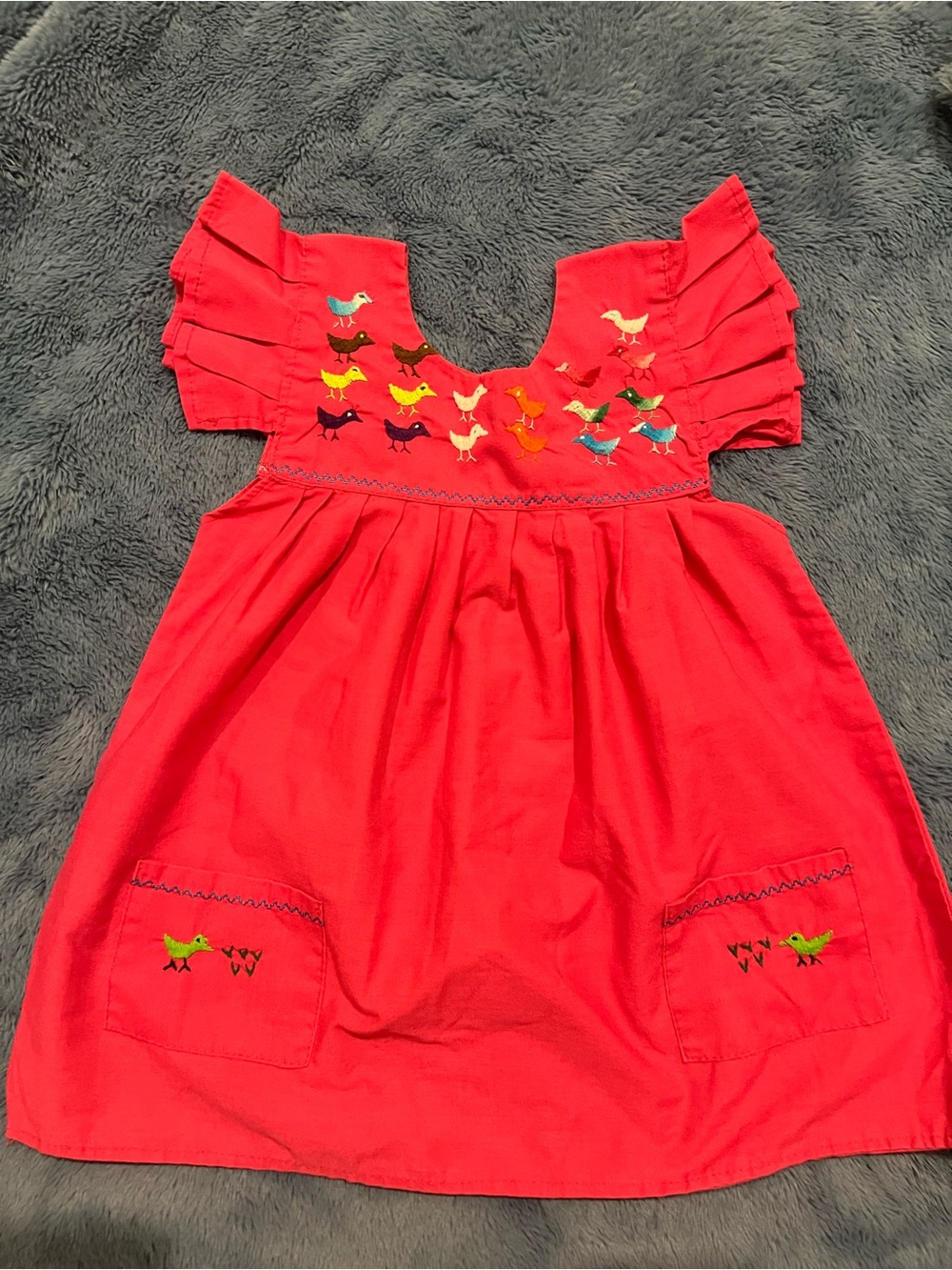 Girls 4t Pink Embroidered Bird Flutter-Sleeve Dress